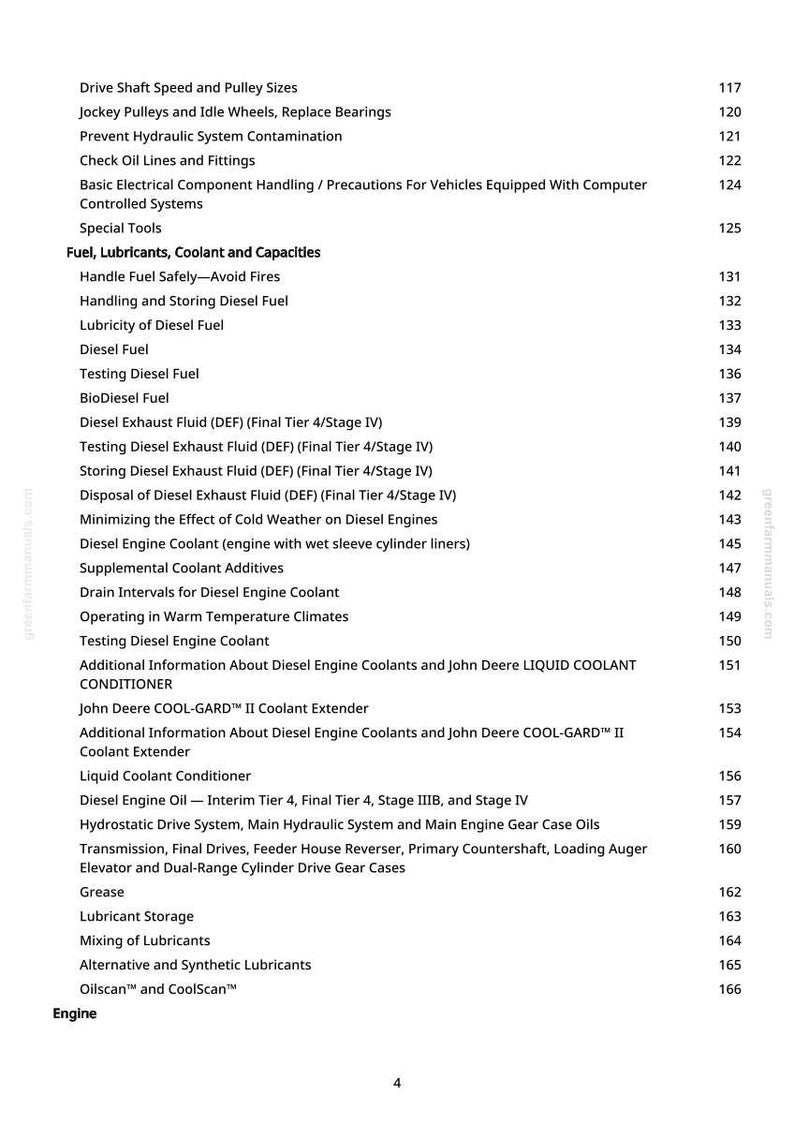 May include: A page from a manual with a table of contents. The topics include fuel, lubricants, coolant, and capacities, diesel exhaust fluid, and diesel engine coolant. The page has a white background with black text.