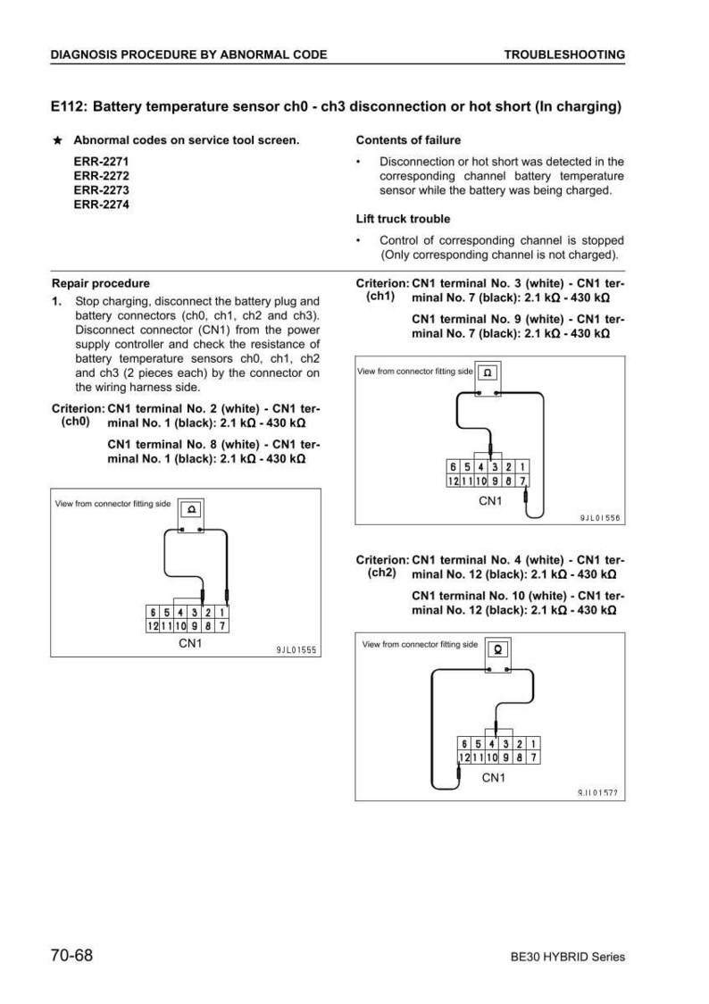 K&ouml;nnte beinhalten: Diagnoseverfahren-Dokument mit Fehlerbehebungsschritten f&uuml;r einen Batterietemperatursensor. Enth&auml;lt Diagramme von Anschlussklemmen und Widerstandswerten. Text enth&auml;lt "E112: Batterietemperatursensor" und "BE30 HYBRID Series".
