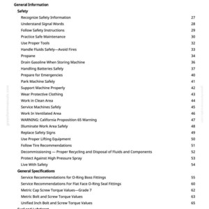 May include: A page from a manual titled "Table of Contents." The document lists safety information, general specifications, and fuel and lubricant topics. The page numbers are visible on the right side.