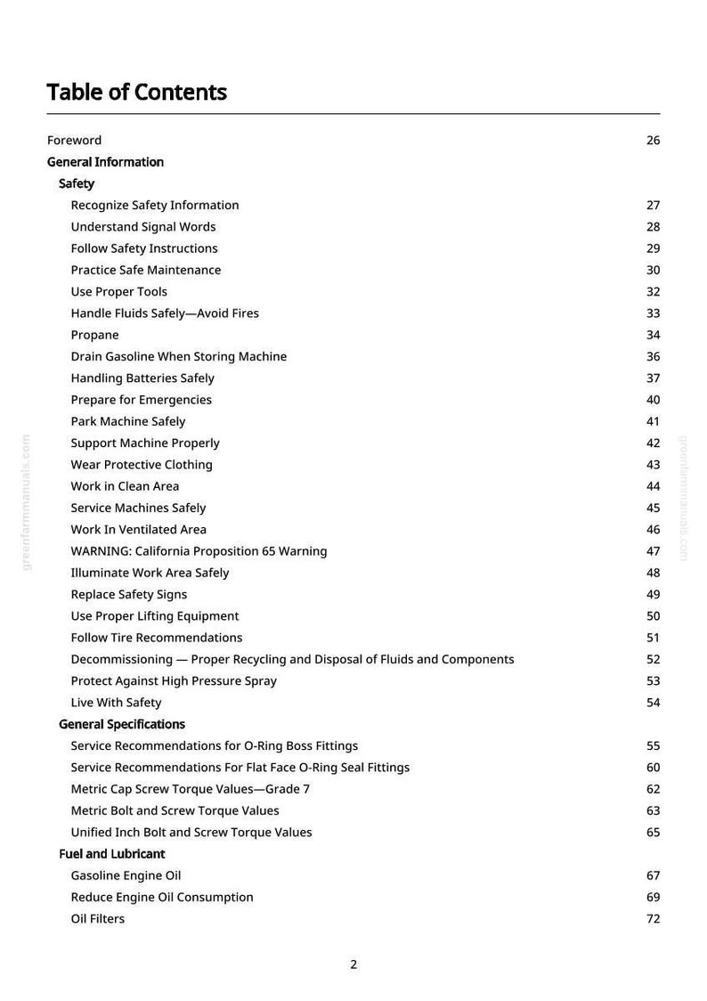 May include: A page from a manual titled "Table of Contents." The document lists safety information, general specifications, and fuel and lubricant topics. The page numbers are visible on the right side.