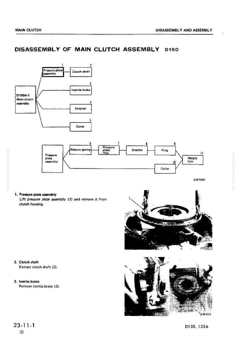 May include: Diagram of a main clutch assembly disassembly, labeled D150. The diagram includes a flow chart with components like pressure plate assembly, clutch shaft, inertia brake, and strainer. Includes a photo of the clutch assembly.
