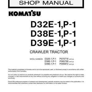 Puede incluir: Un manual de taller Komatsu para tractores de orugas, con los n&uacute;meros de modelo D32E-1,P-1, D38E-1,P-1 y D39E-1,P-1. El documento incluye rangos de n&uacute;meros de serie e informaci&oacute;n de copyright de 1998.