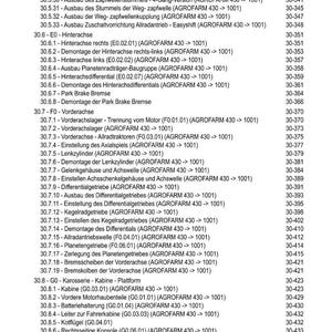 May include: A detailed table of contents from a manual, listing various components and procedures for a tractor, including axles, brakes, and gearboxes. The text is in German.