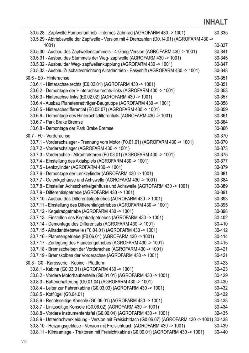 May include: A detailed table of contents from a manual, listing various components and procedures for a tractor, including axles, brakes, and gearboxes. The text is in German.