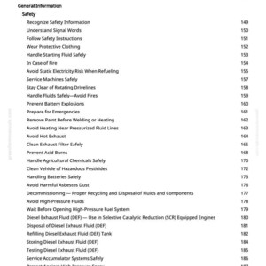 May include: A page from a manual titled "Table of Contents." The document lists safety topics, including handling fluids, avoiding fires, and preventing explosions. The page number 2 is visible at the bottom.
