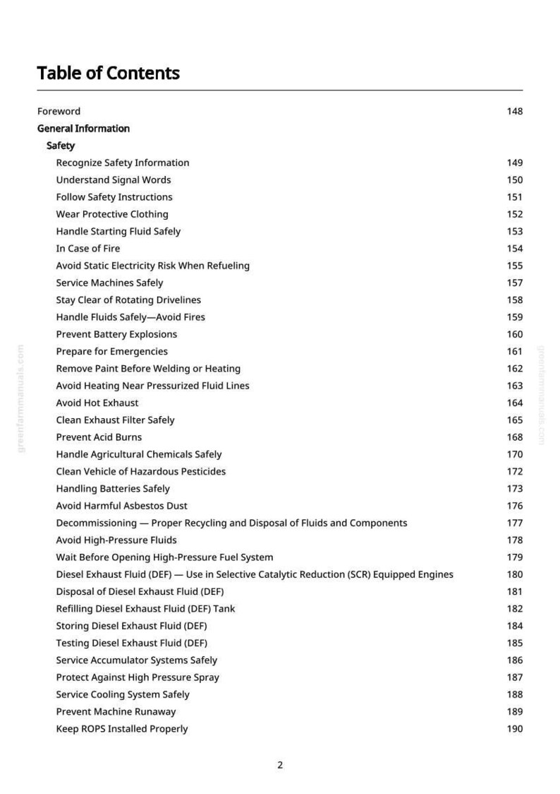 May include: A page from a manual titled "Table of Contents." The document lists safety topics, including handling fluids, avoiding fires, and preventing explosions. The page number 2 is visible at the bottom.