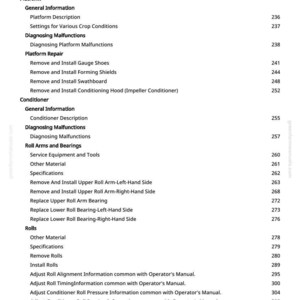 May include: A page from a greenfarmmanuals.com manual, featuring a table of contents with various equipment repair and maintenance topics. The text includes sections on platforms, conditioners, and rolls, with page numbers.