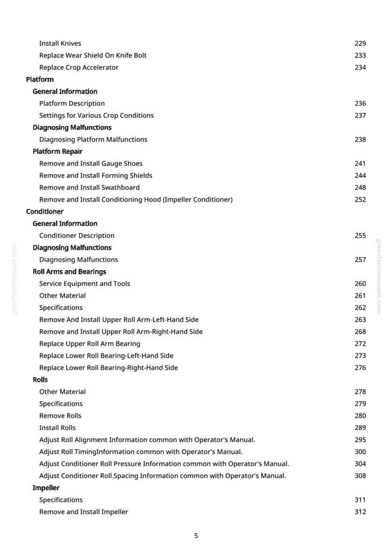May include: A page from a greenfarmmanuals.com manual, featuring a table of contents with various equipment repair and maintenance topics. The text includes sections on platforms, conditioners, and rolls, with page numbers.