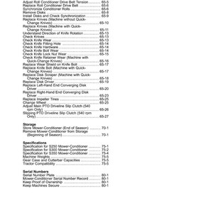 May include: A contents page from a manual, listing topics and page numbers. The topics cover mower-conditioner maintenance, knife replacement, and specifications for S250, S300, and S350 models.