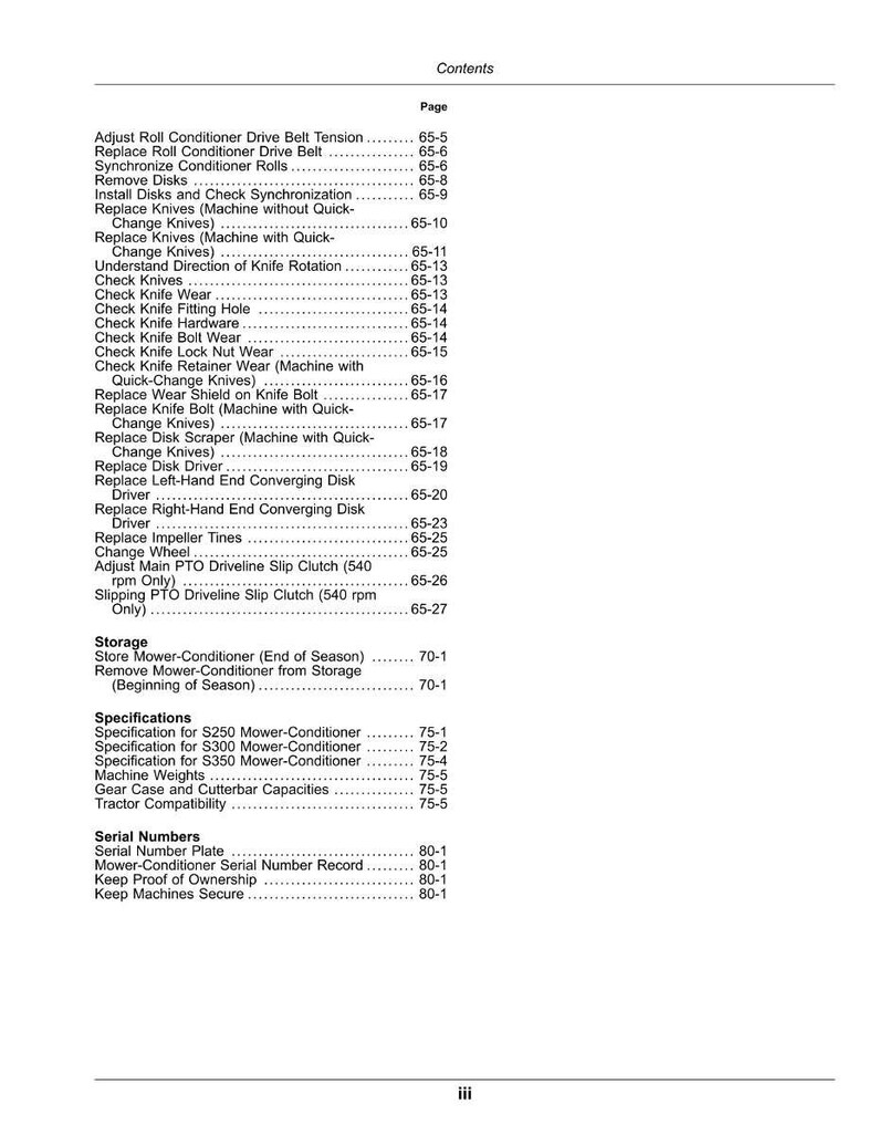 May include: A contents page from a manual, listing topics and page numbers. The topics cover mower-conditioner maintenance, knife replacement, and specifications for S250, S300, and S350 models.