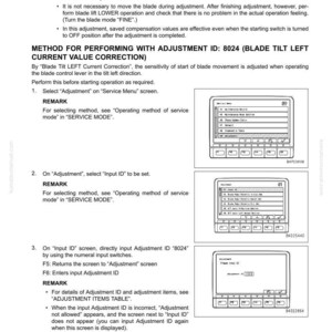 Puede incluir: Una p&aacute;gina de manual titulada "30 Pruebas y Ajustes" con instrucciones para el funcionamiento de la m&aacute;quina. El texto incluye pasos para la identificaci&oacute;n de ajuste y selecciones de pantalla, con diagramas de la interfaz de la m&aacute;quina.
