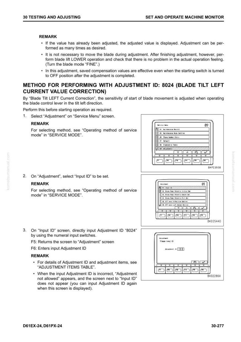 Puede incluir: Una p&aacute;gina de manual titulada "30 Pruebas y Ajustes" con instrucciones para el funcionamiento de la m&aacute;quina. El texto incluye pasos para la identificaci&oacute;n de ajuste y selecciones de pantalla, con diagramas de la interfaz de la m&aacute;quina.