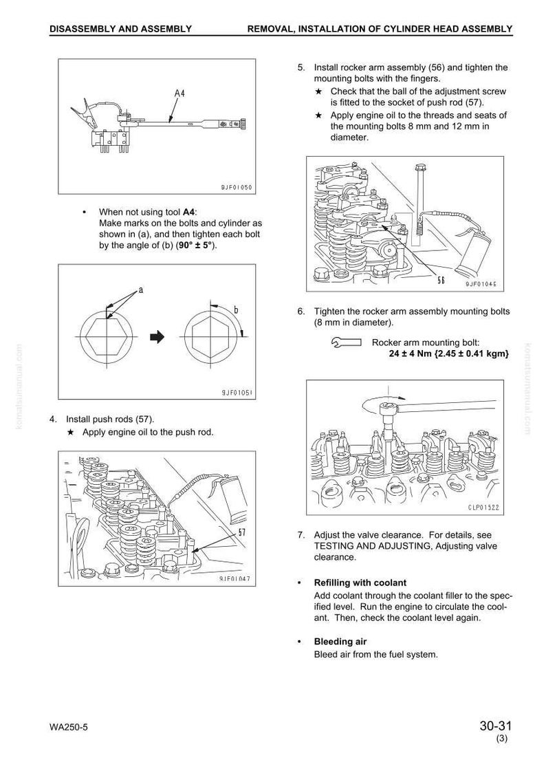 May include: Diagram of cylinder head assembly removal and installation instructions. Includes illustrations of rocker arm assembly, push rods, and bolt tightening procedures. Text instructions are also included.