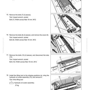 May include: Diagram of a hydraulic oil cooler assembly removal and installation procedure. Includes step-by-step instructions with images, bolt sizes, and tool recommendations. The hydraulic oil cooler assembly weighs 37 kg.
