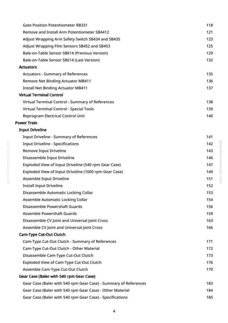 Puede incluir: Una p&aacute;gina de manual con una lista de t&eacute;rminos t&eacute;cnicos y n&uacute;meros de p&aacute;gina. El texto incluye t&eacute;rminos como "Gate Position Potentiometer", "Input Driveline" y "Cam-Type Cut-Out Clutch". La p&aacute;gina es de greenfarmmanuals.com.