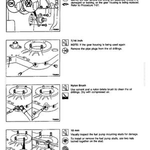 May include: Page from a manual showing diagrams of base engine components. Text includes instructions for inspecting the timing pin housing, removing pipe plugs, cleaning oil drillings with a nylon brush, and inspecting fuel pump mounting studs.