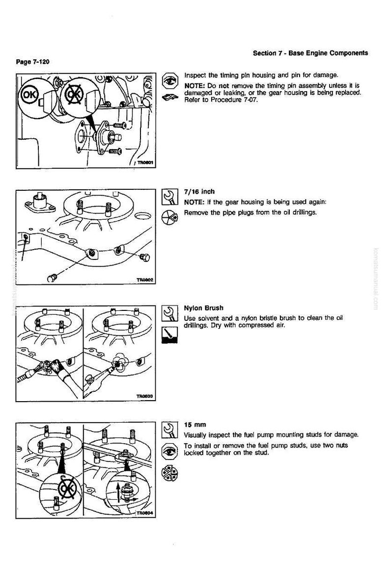 May include: Page from a manual showing diagrams of base engine components. Text includes instructions for inspecting the timing pin housing, removing pipe plugs, cleaning oil drillings with a nylon brush, and inspecting fuel pump mounting studs.