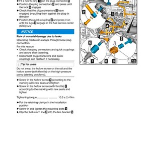 May include: Diagram of fuel system components with numbered parts and instructions for installation. Includes text about attaching the fuel return line, with warnings about potential damage and tips for users. The image is from a service manual.