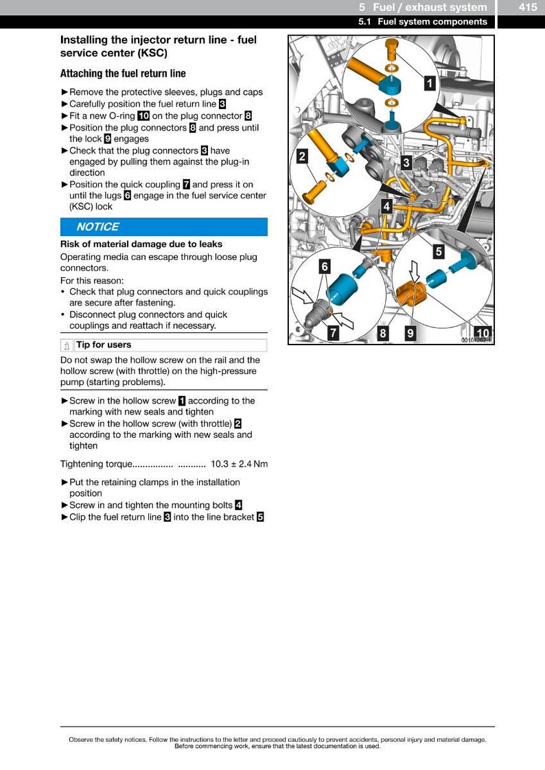 May include: Diagram of fuel system components with numbered parts and instructions for installation. Includes text about attaching the fuel return line, with warnings about potential damage and tips for users. The image is from a service manual.