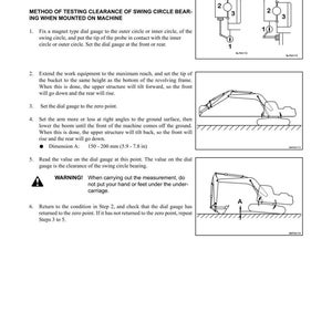 May include: Technical diagram with instructions for testing and adjusting the swing circle bearing on a machine. Includes diagrams and a warning about safety. Dimension A: 150-200 mm (5.9-7.8 in).