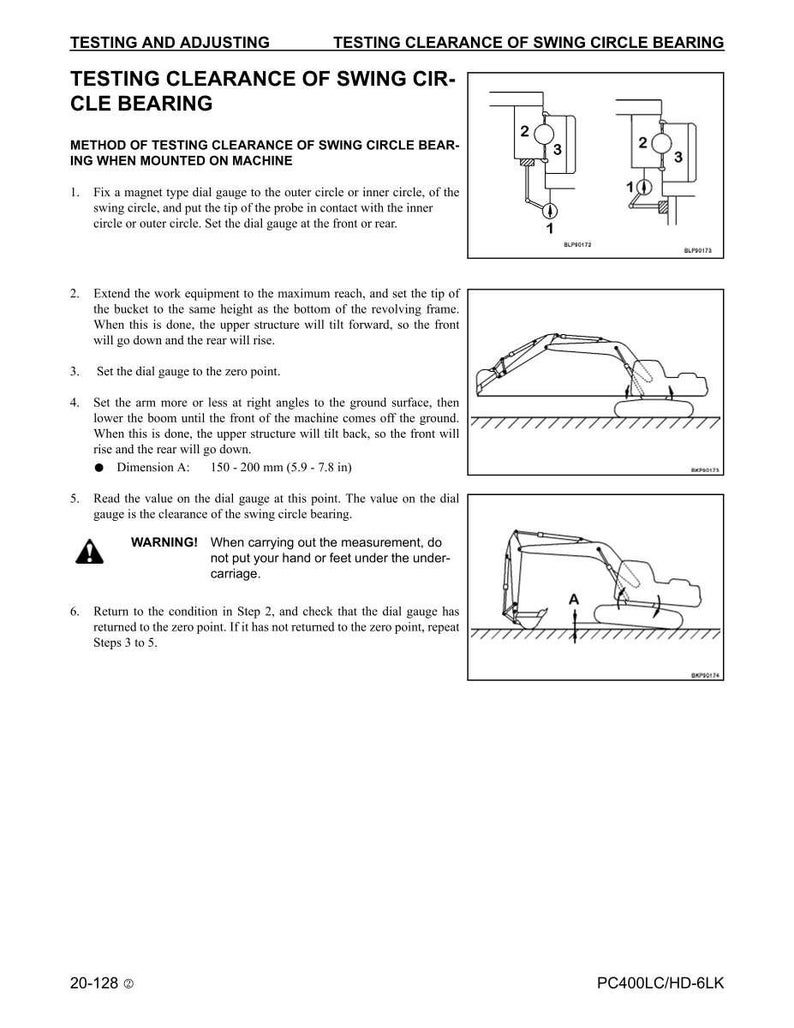May include: Technical diagram with instructions for testing and adjusting the swing circle bearing on a machine. Includes diagrams and a warning about safety. Dimension A: 150-200 mm (5.9-7.8 in).