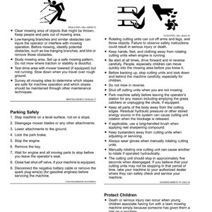 May include: Safety guidelines for lawn mowers are displayed on a white background. The text includes warnings about rotating blades, checking the mowing area, and parking safely. The image also advises on protecting children from mower-related injuries.