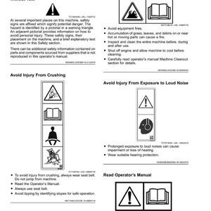 May include: A page from an operator's manual with safety labels and instructions. The manual includes warnings about fire, crushing, and noise exposure, with accompanying symbols and text. The manual also includes instructions on how to avoid injury.