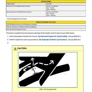 May include: A technical document titled "Circuit Relief With Anticavitation Valve Pressure Test" with specifications for engine speed and valve pressure. Includes a warning about escaping fluid and a diagram.