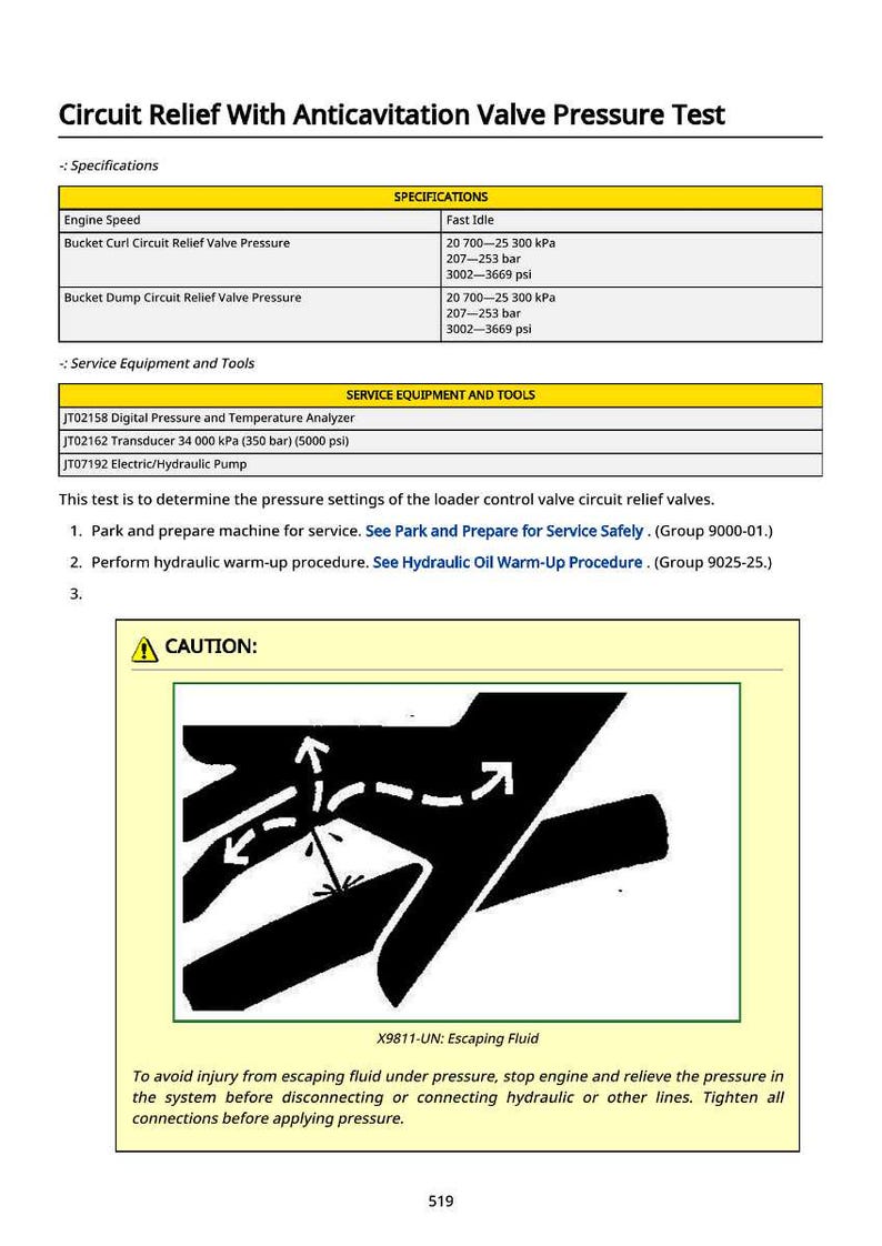 May include: A technical document titled "Circuit Relief With Anticavitation Valve Pressure Test" with specifications for engine speed and valve pressure. Includes a warning about escaping fluid and a diagram.