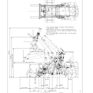 May include: Technical drawing of a forklift mechanism, labeled "LINK (FORK SPECIFICATION) (1/2)". Includes dimensions in millimeters, with callouts for reach and clearance. Features assembly drawings and text detailing specifications.