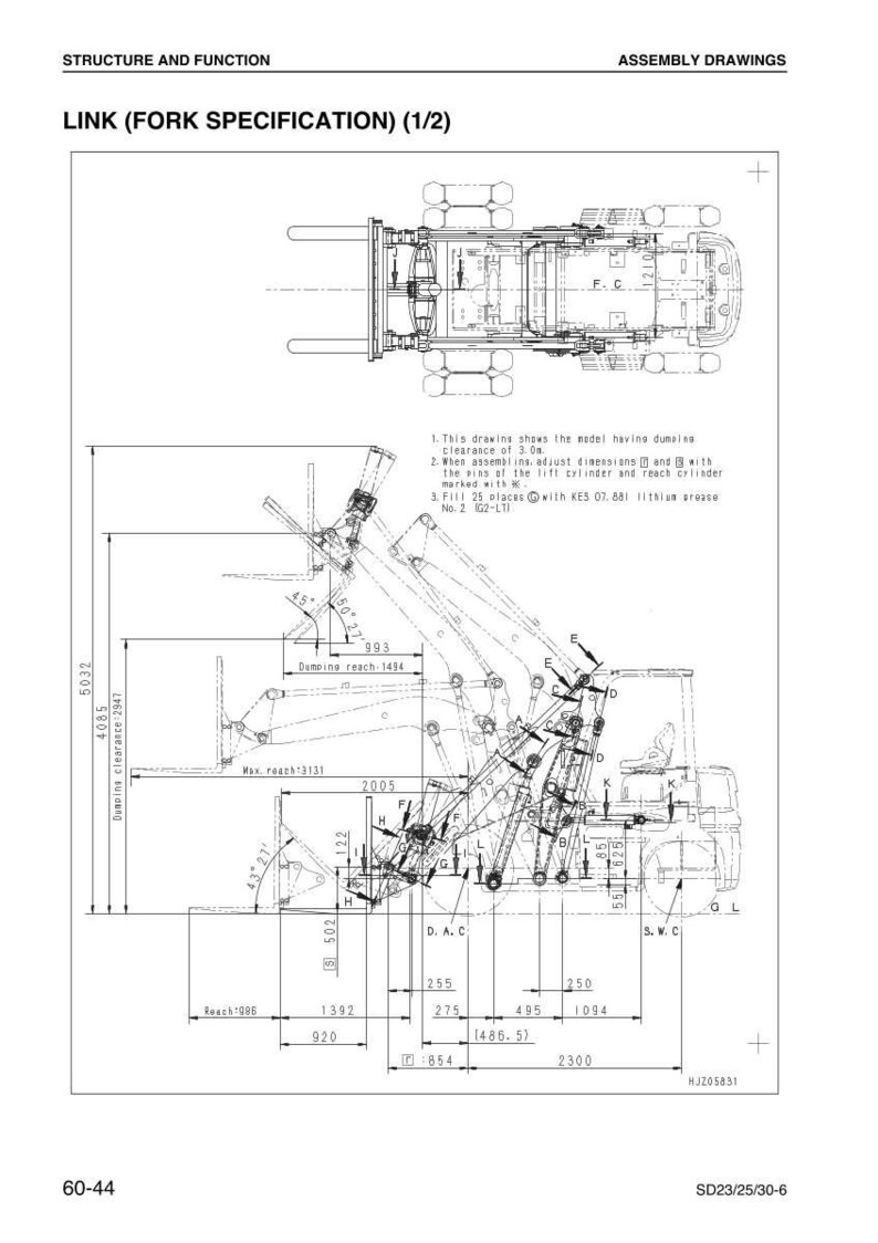 May include: Technical drawing of a forklift mechanism, labeled "LINK (FORK SPECIFICATION) (1/2)". Includes dimensions in millimeters, with callouts for reach and clearance. Features assembly drawings and text detailing specifications.