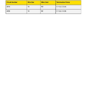 May include: A technical diagram with a yellow table detailing circuit numbers, wire sizes, wire colors, and termination points. The legend indicates 2-pin connectors and color codes. The diagram includes the numbers 3010 and 4058.