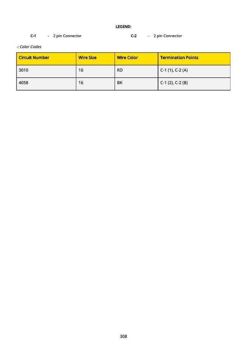 May include: A technical diagram with a yellow table detailing circuit numbers, wire sizes, wire colors, and termination points. The legend indicates 2-pin connectors and color codes. The diagram includes the numbers 3010 and 4058.