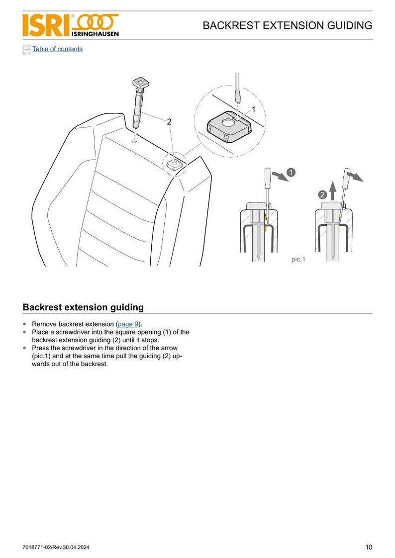 May include: Diagram illustrating backrest extension guiding. The image shows a car seat back with detailed instructions. Includes close-ups of tools and components, with arrows indicating the process. Text instructions are also included.
