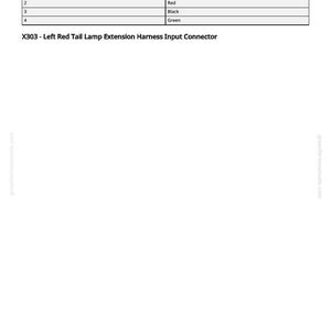 May include: Diagram of a plug layout with a table showing pin numbers and circuit codes. The table lists pin numbers 1-4 with corresponding circuit codes: Lt. Blue, Red, Black, and Green. Text at the bottom reads: X303 - Left Red Tail Lamp Extension Harness Input Connector.