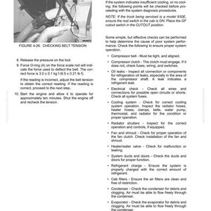 May include: A black and white image of a troubleshooting guide. The guide includes instructions for checking belt tension, with a diagram and text. The text includes the title "Troubleshooting" and a list of preliminary checks for system operation.