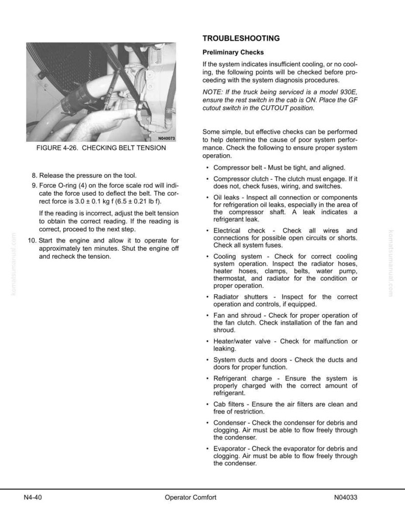 May include: A black and white image of a troubleshooting guide. The guide includes instructions for checking belt tension, with a diagram and text. The text includes the title "Troubleshooting" and a list of preliminary checks for system operation.