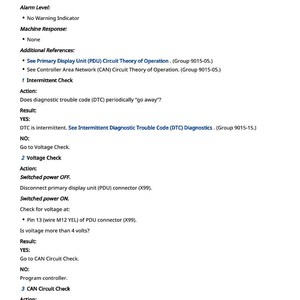 Puede incluir: Un documento de diagn&oacute;stico titulado "523773.03 - CAN HIGH Voltage Above Normal". Detalla los pasos para solucionar problemas de una red de &aacute;rea de controlador (CAN) con alto voltaje de circuito, incluyendo comprobaciones intermitentes y de voltaje.