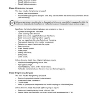 Op de afbeelding: Een technisch document van Argo Tractors met details over de aanhaalmomenten voor tractoronderdelen. Het document is verdeeld in klassen A, B en C, met specifieke voorbeelden zoals vliegwielbevestiging en rempedalen. Bevat tekst en diagrammen.
