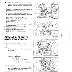 K&ouml;nnte beinhalten: Eine technische Zeichnung aus einem Handbuch, die den Aus- und Einbau einer zentralen Drehgelenkanordnung detailliert. Die Seite enth&auml;lt Schritt-f&uuml;r-Schritt-Anleitungen, Diagramme und Messungen in Kilogramm, mit Text auf Englisch.