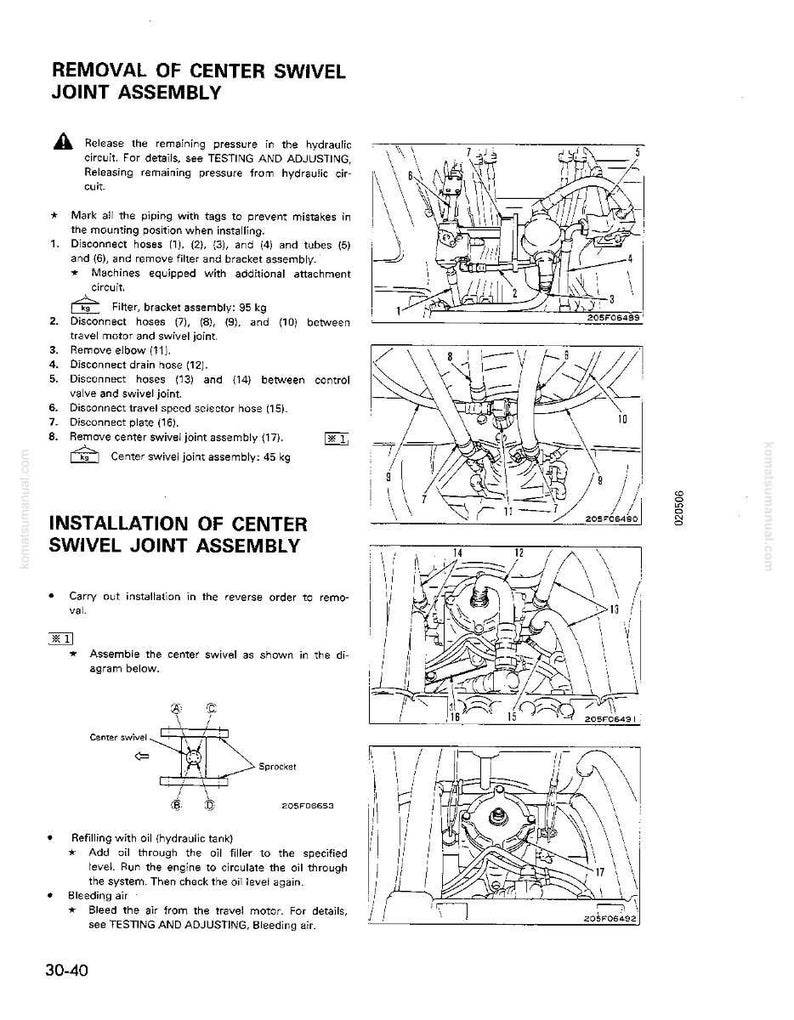 K&ouml;nnte beinhalten: Eine technische Zeichnung aus einem Handbuch, die den Aus- und Einbau einer zentralen Drehgelenkanordnung detailliert. Die Seite enth&auml;lt Schritt-f&uuml;r-Schritt-Anleitungen, Diagramme und Messungen in Kilogramm, mit Text auf Englisch.
