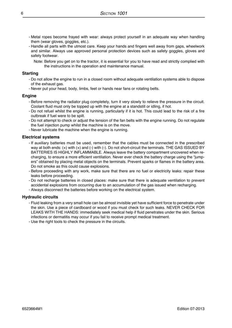 May include: Page from a manual with safety instructions for machinery. Text includes warnings about handling metal ropes, engine maintenance, electrical systems, and hydraulic circuits. Edition 07-2013 is noted at the bottom.