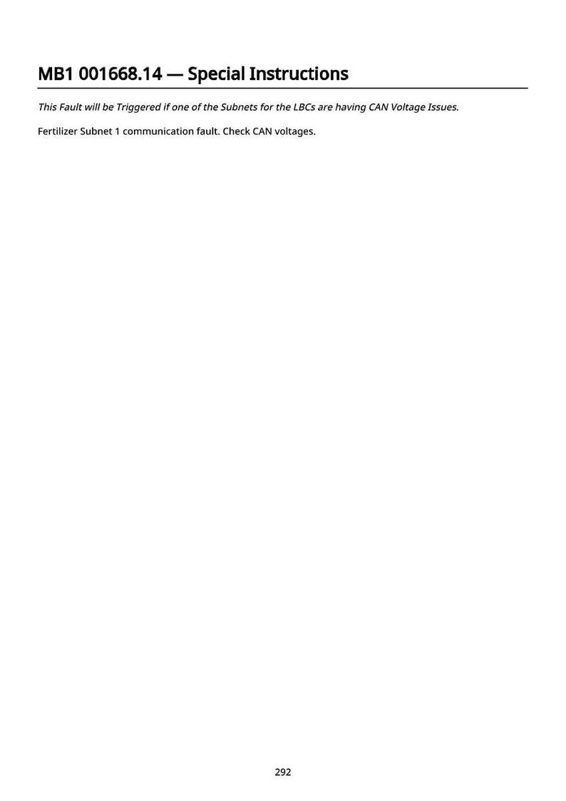Puede incluir: P&aacute;gina blanca con el texto "MB1 001668.14 - Instrucciones especiales". El texto de abajo dice: "Este fallo se activar&aacute; si una de las subredes de los LBC tiene problemas de tensi&oacute;n CAN. Fallo de comunicaci&oacute;n de la subred 1 de fertilizantes. Compruebe las tensiones CAN."