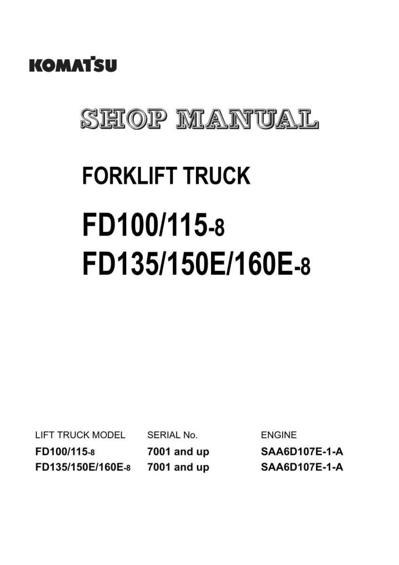 May include: A white document with the Komatsu logo and the words "SHOP MANUAL" in a decorative font. The document lists "FORKLIFT TRUCK" and model numbers FD100/115-8 and FD135/150E/160E-8. Additional details include serial numbers and engine specifications.