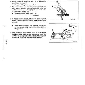 May include: Diagram from a manual showing mechanical components with labels and arrows. Text includes instructions for adjusting a stopper bolt and setting a governor lever. Measurements are in millimeters.