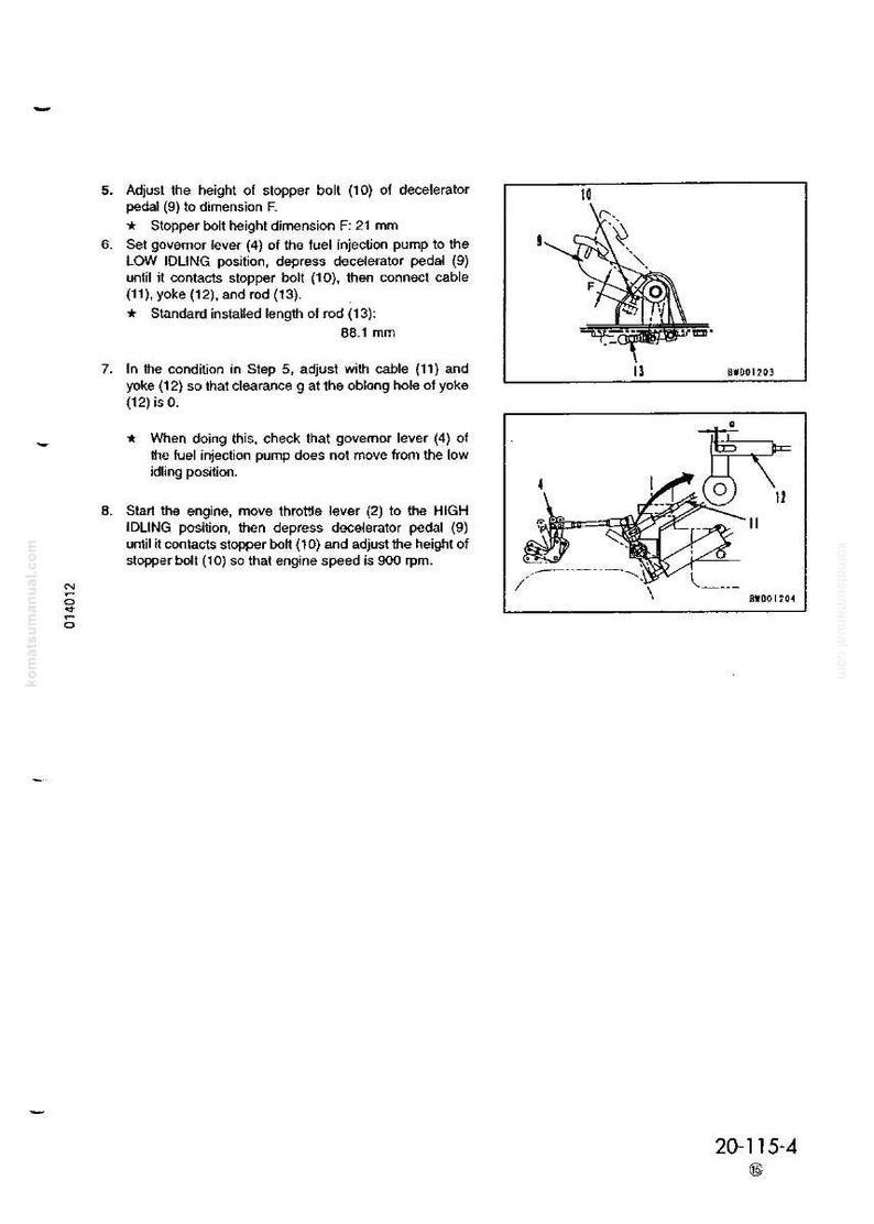 May include: Diagram from a manual showing mechanical components with labels and arrows. Text includes instructions for adjusting a stopper bolt and setting a governor lever. Measurements are in millimeters.