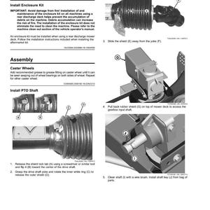 May include: A page from a vehicle maintenance manual with detailed instructions and diagrams for installing an enclosure kit, caster wheels, and PTO shaft. The manual includes step-by-step procedures and labeled parts for clarity.