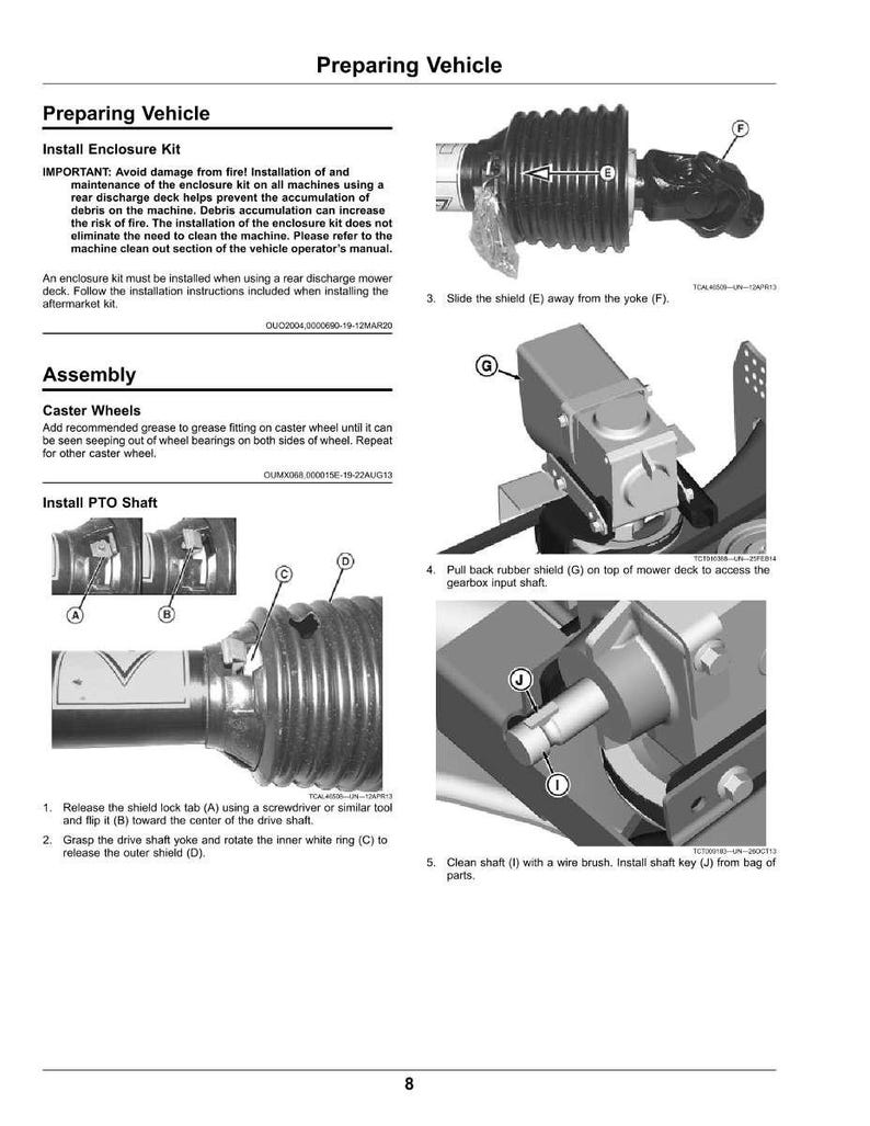 May include: A page from a vehicle maintenance manual with detailed instructions and diagrams for installing an enclosure kit, caster wheels, and PTO shaft. The manual includes step-by-step procedures and labeled parts for clarity.