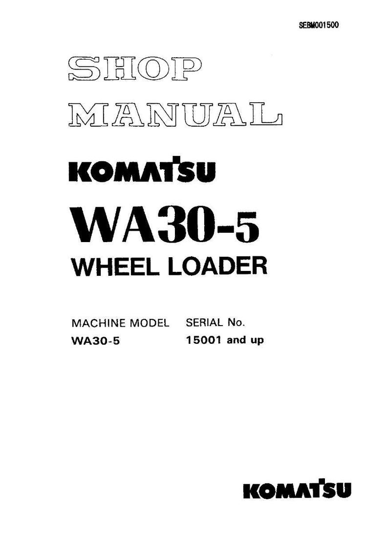 May include: A white shop manual cover with black text. The title reads "SHOP MANUAL" above the Komatsu logo and "WA30-5 WHEEL LOADER." Below, it lists the machine model as WA30-5 and serial numbers 15001 and up.