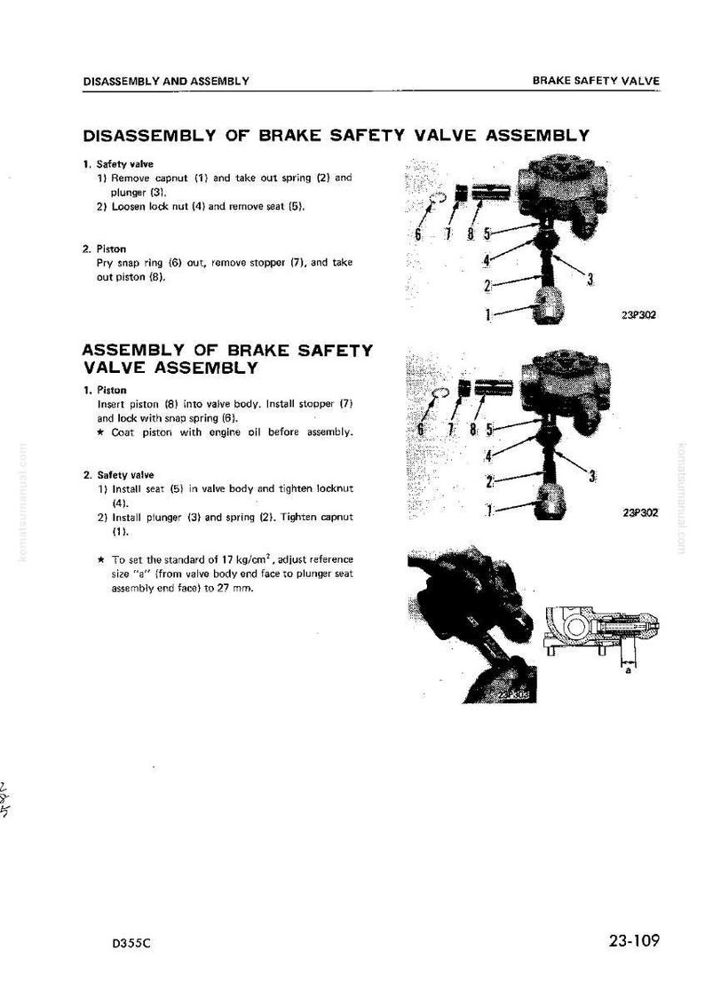 K&ouml;nnte beinhalten: Diagramm zur Demontage und Montage einer Bremssicherheitsventilbaugruppe. Mit nummerierten Teilen und Anweisungen. Der Text enth&auml;lt Ma&szlig;e in mm und kg/cm&sup2;, mit Illustrationen der Ventile.